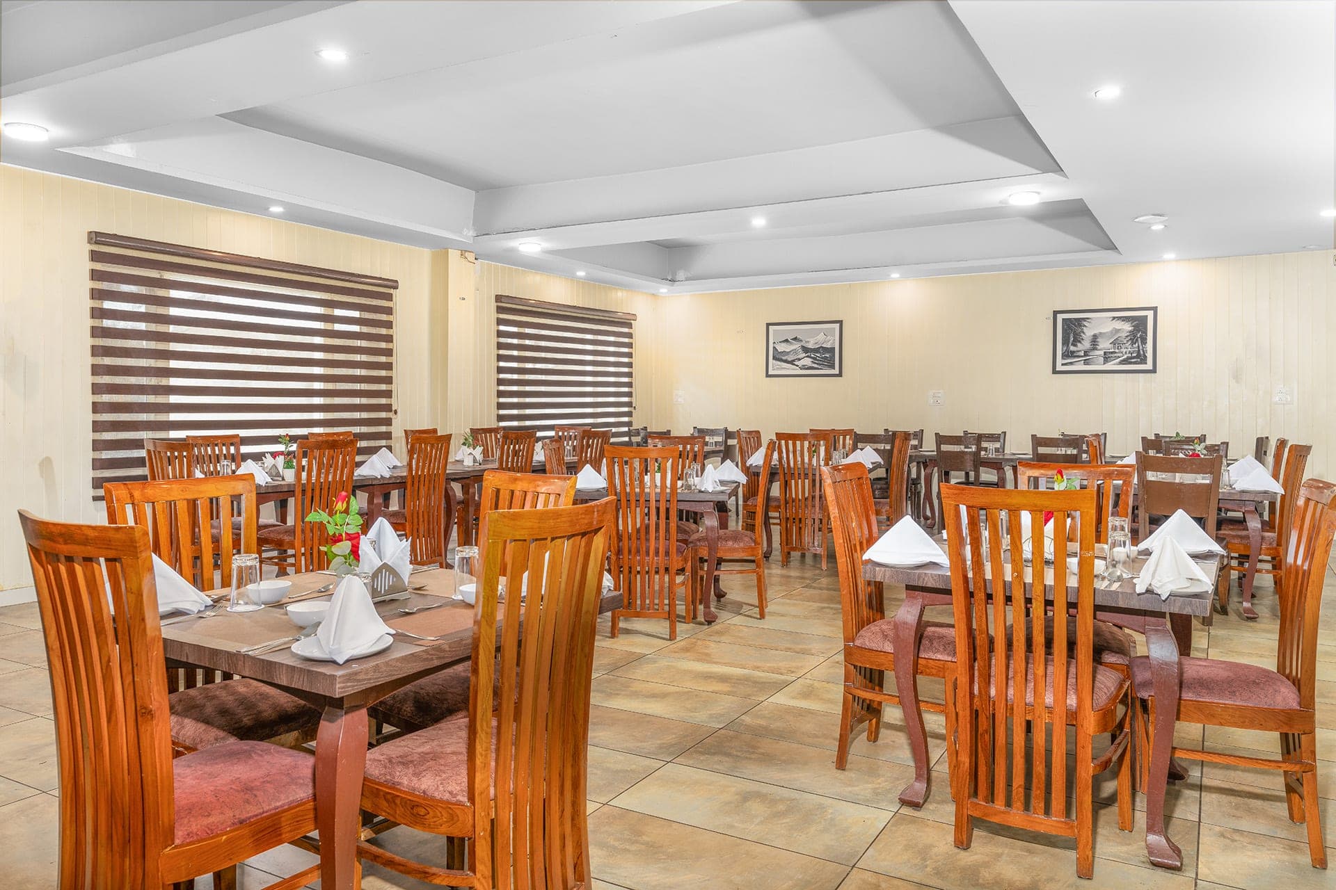 Hotel Sparrow in-house dining hall with warm wooden furnishings